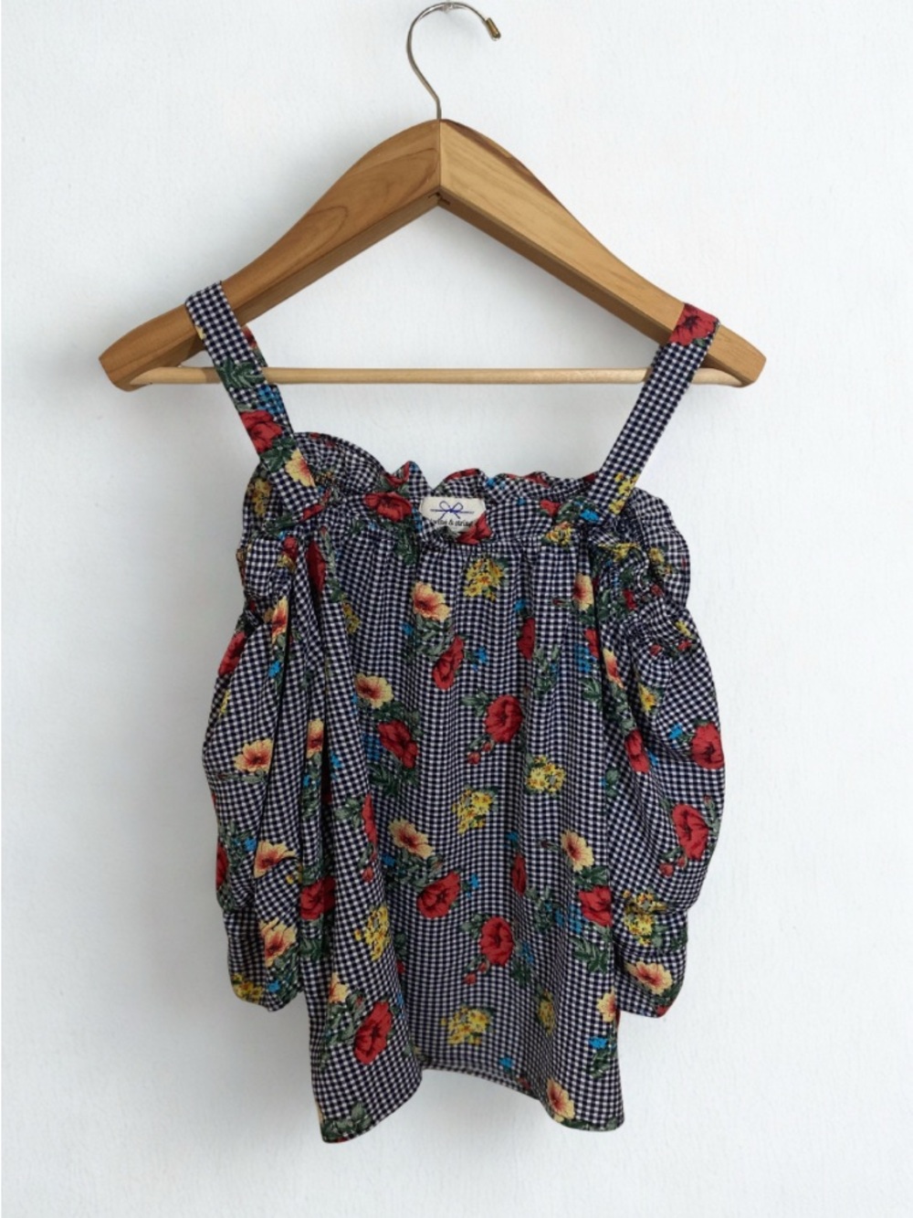 Twine & String Whimsical Floral Gingham Off-Shoulder Picnic Top Size Large